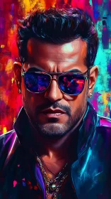 Bold neon portrait with reflective sunglasses and chains.