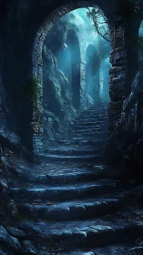 Moonlit stone stairway through forgotten ruin arches.