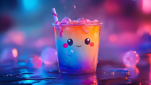 Cute rainbow drink cup with ice in neon lighting.