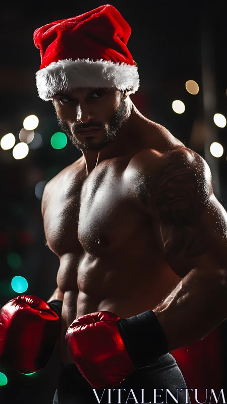 Muscular Man in Santa Hat With Boxing Gloves Portrait