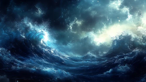 Roaring celestial waves under storm-lit cosmic skies.