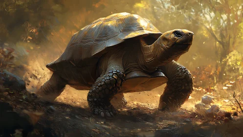 Tortoise moving through sunlit forest floor environment.