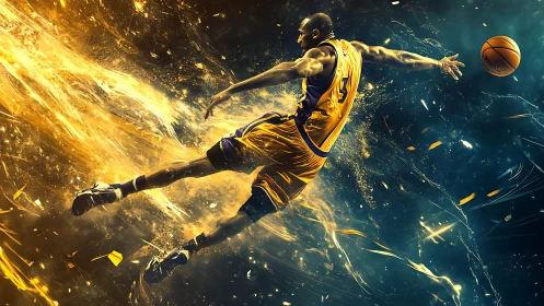 Cosmic court leap ignites a comet trail of basketball fire.