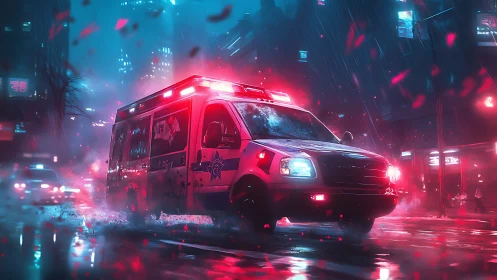 Emergency ambulance in neon lit rainy cyberpunk city street.