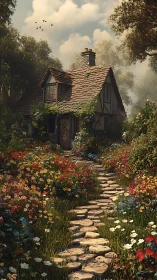 Storybook cottage amid wildflower garden at forest edge.
