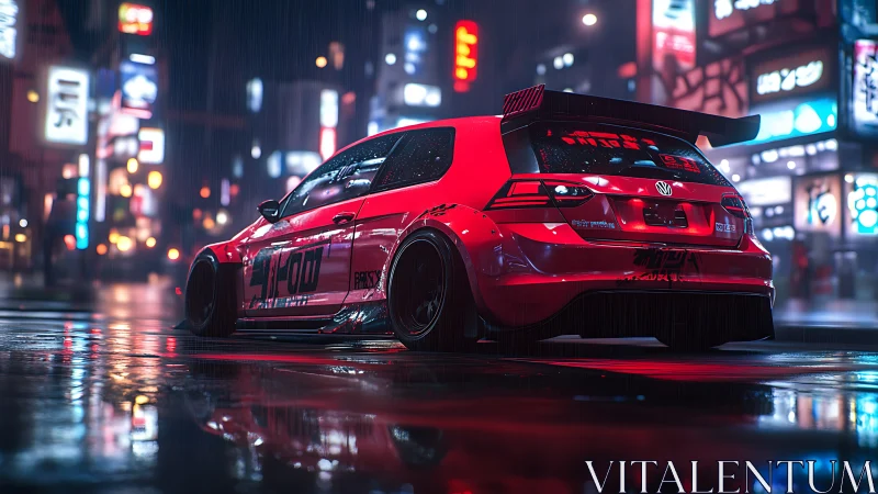 Midnight city rain wraps a red street racer in neon glow.
