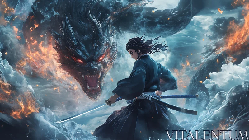 Storm-lit samurai faces roaring fire spirit in swirling sky.