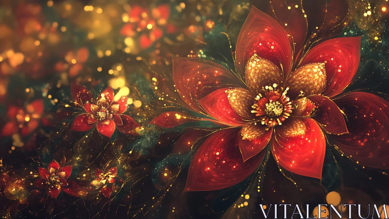 Luminous fractal florals with radiant particle diffusion fields.