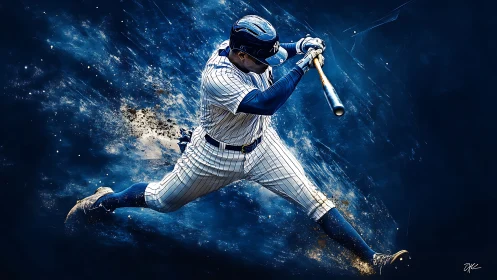 Baseball slugger drives explosive swing through blue cosmos.