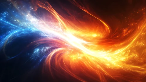 Digital painting of colliding blue and orange energy streams.