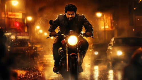 Midnight rider cuts through molten city rainstorm streets.