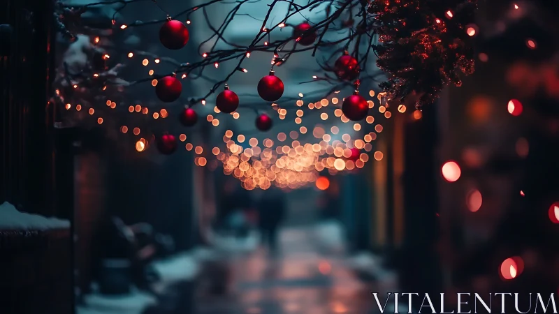 Snowy alleyway under glowing red festive string lights.