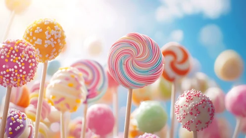 Colorful Lollipops Against Blue Sky. Digital Confectionery Rendering.