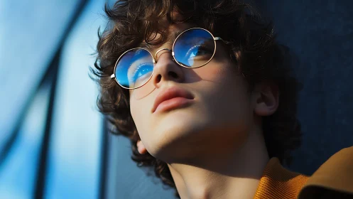 Youthful portrait with reflective round glasses in soft daylight