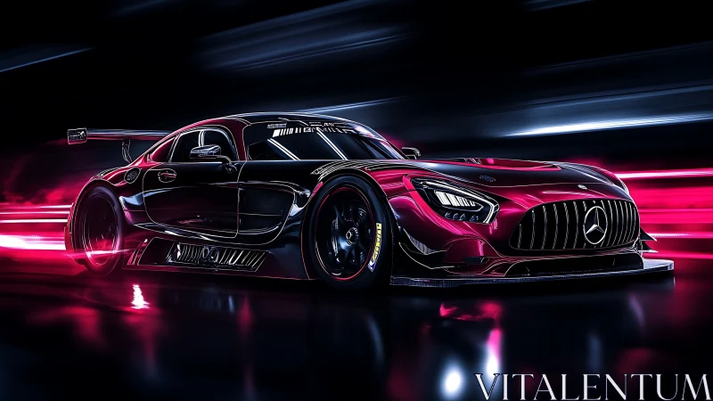 Mercedes race car in neon tunnel with intense motion blur.