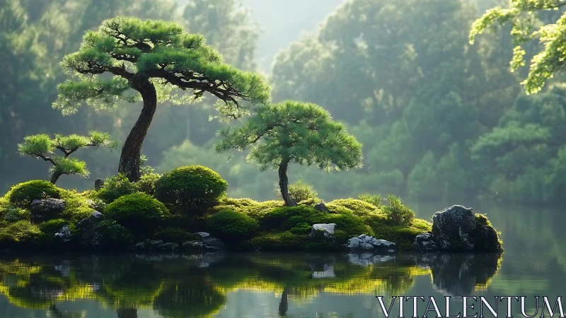 Isolated bonsai-like pines on misted lake island with soft reflections