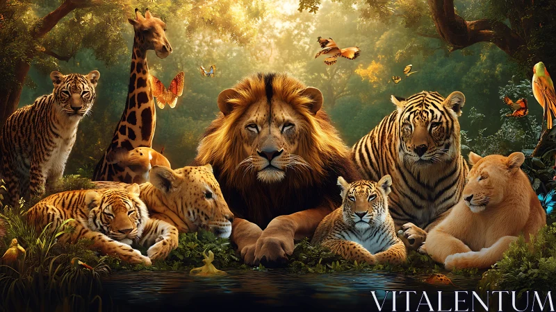 Majestic Wildlife Gathering in Golden Forest Sanctuary.