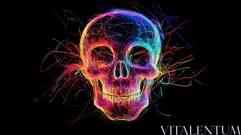 Neon filament skull illustration with electric linear contours.