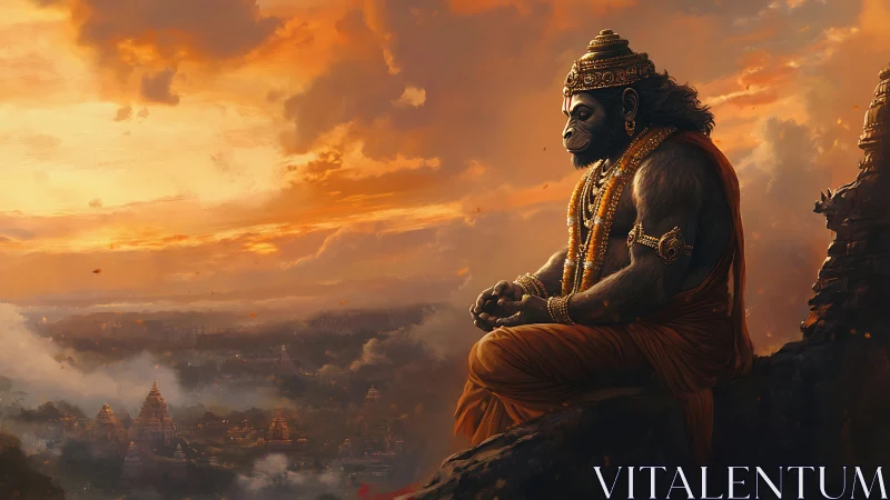 Serene monkey deity in golden sunset above misty temples.