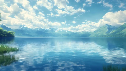 Mountain lake reflects luminous sky over distant peaks.