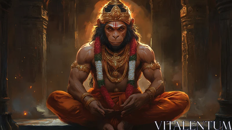 Seated anthropomorphic monkey figure in ornate temple interior