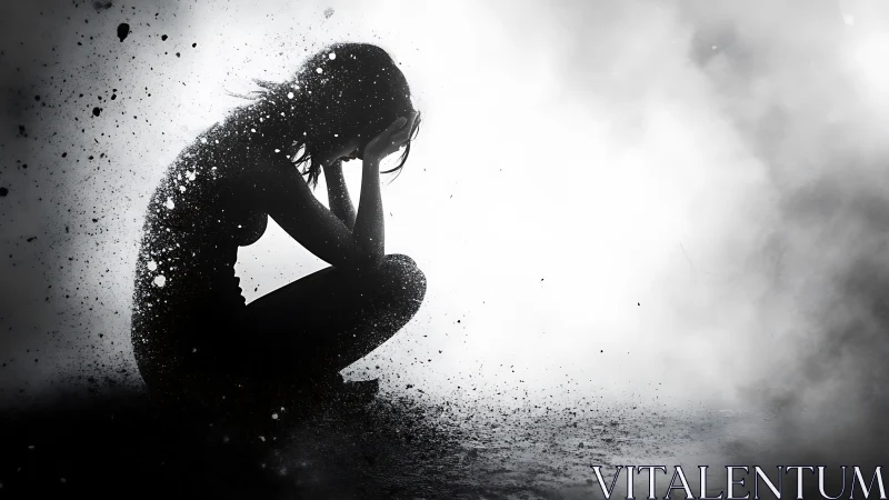 Silhouetted woman dissolves into swirling grayscale mist.