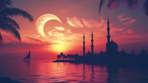 Crescent moon over coastal mosque at luminous crimson dusk.