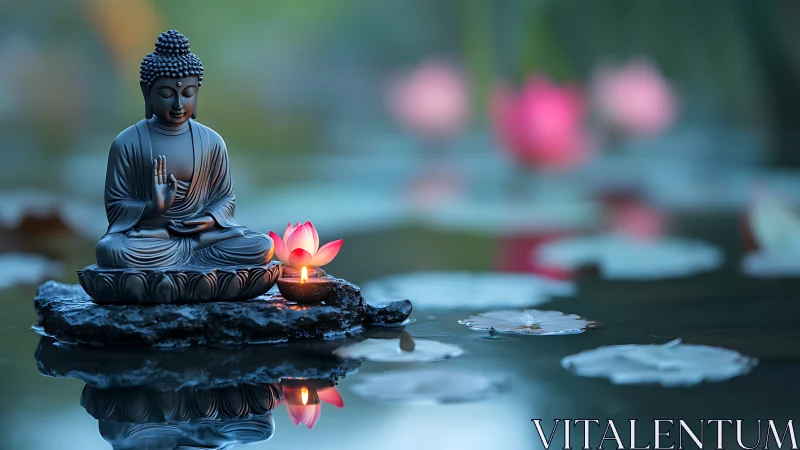 Buddha statue with lotus candle on reflective water surface.