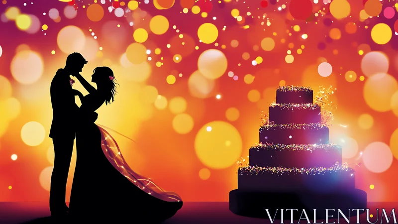 Silhouette wedding couple with cake against bokeh backdrop.