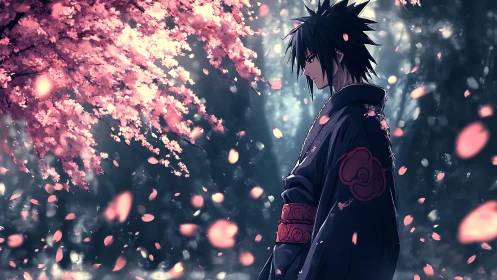 Brooding under cherry blossoms in a quiet drifting storm.