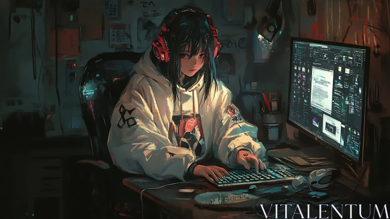 Girl in oversized hoodie works on dual-screen desktop at night