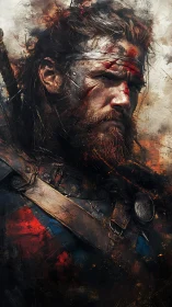 Weathered warrior wrapped in stormy color and resolve.