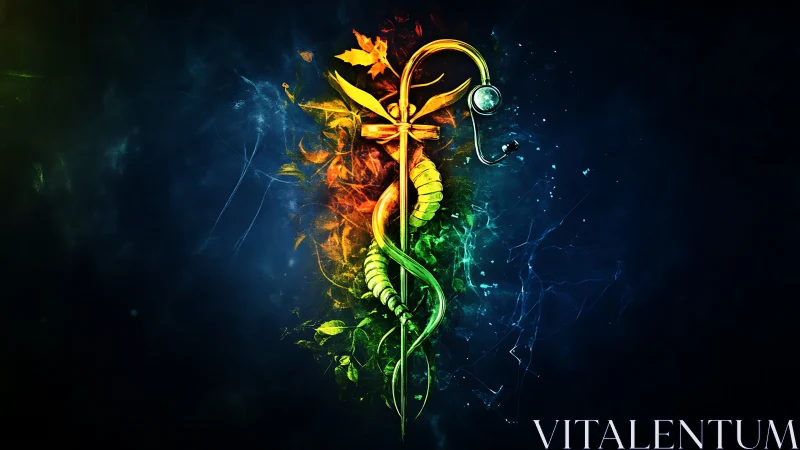Digital caduceus emblem with botanical neon plasma field.