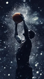 Basketball player holding ball overhead amid particle field.