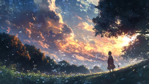 Girl and dog wandering beneath a dreamlit sunset sky.