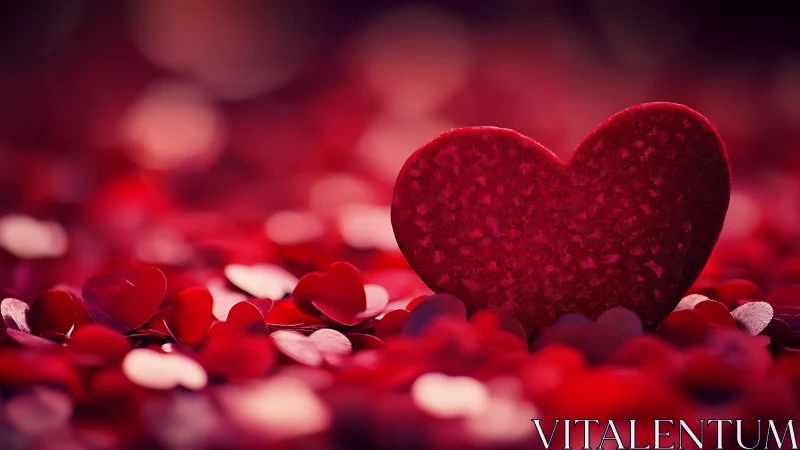 Red velvet heart rests among scattered petals of love