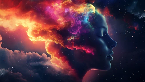 Nebula-formed female profile merges with starfield in luminous spectrum