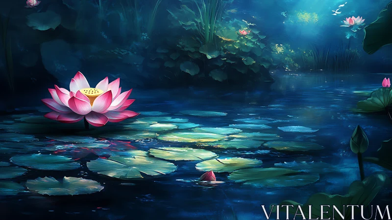 Luminous pink lotus blooms across tranquil moonlit pond