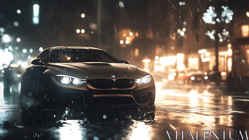 Sleek city sports car glowing softly in the rainy night streets.
