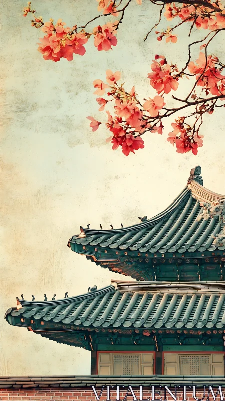Cherry blossoms crown a serene traditional temple roofscape