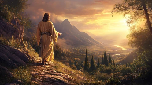 Robe-clad wanderer greeting a sunrise-drenched valley path.