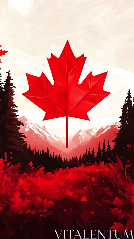 Bold red maple leaf crowns stylized Canadian landscape.