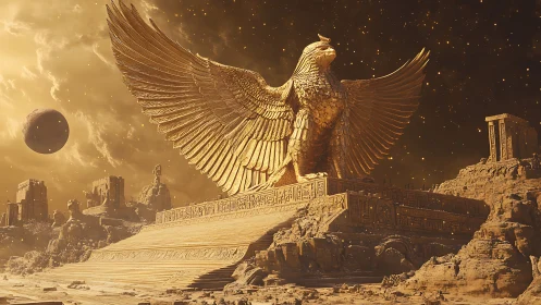 Colossal golden falcon monument on eroded alien plateau