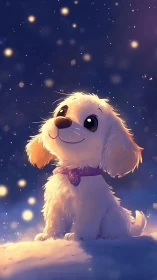 Cute white puppy sitting in glowing winter night scene.