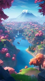 Blossom filled valley cradles a bright blue river and calm peak