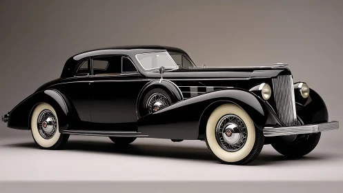 Streamlined black 1930s luxury coupe with chrome detailing