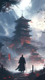 Lone warrior approaches a glowing mountain temple fortress