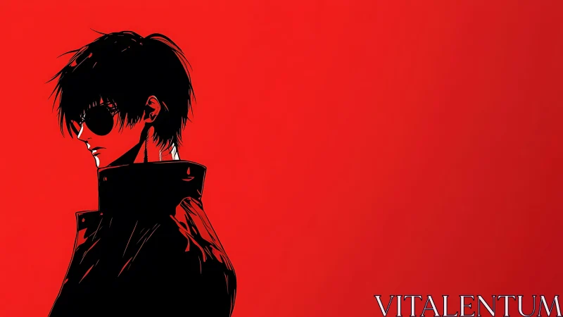 Cool anime loner in black coat against bold red field.