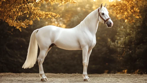 White horse standing in sunlit outdoor forest arena.
