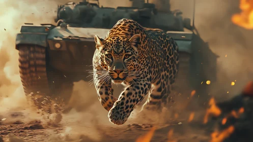 Leopard Charges Through Desert Storm and Fire